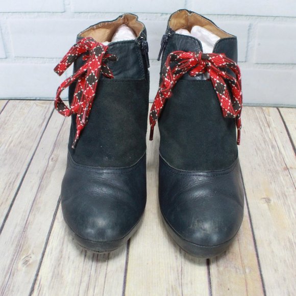 Anthropologie Lucky Penny Navy Leather Suede Red Laces Heeled Booties Size 9 B - Picture 5 of 9